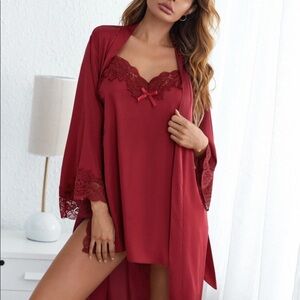 SHEIN Contrast Lace Satin Slip With Belted Robe